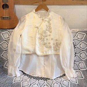 Ivory Cream Embroidered Floral Bow Cottagecore Blouse